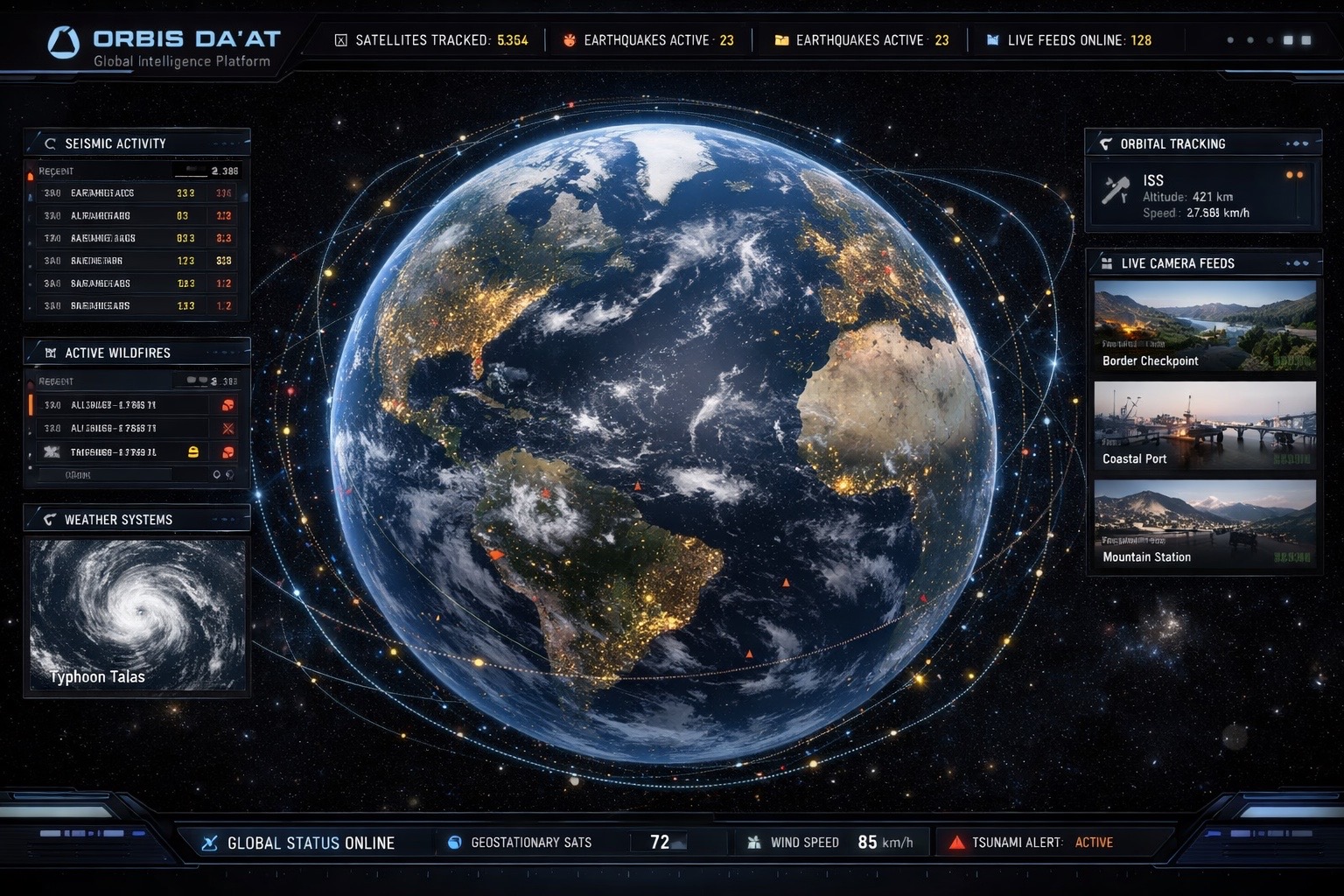 High-end operational globe interface showing live activity panels, orbital traces, and global event awareness.